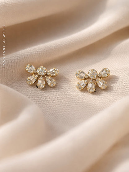 Half Floral Gold Stud Earrings with AD Stones | Everyday Wear