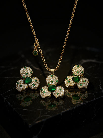 Emeralda Floral Set | 18K Gold Plated Necklace & Earrings with Pavé CZ Stones