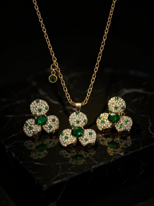 Emeralda Floral Set | 18K Gold Plated Necklace & Earrings with Pavé CZ Stones