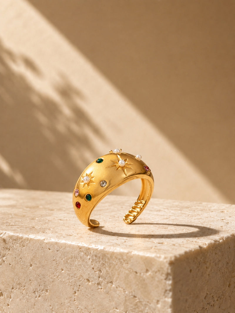 Celestial Multi-Stone Pearl Adjustable Ring in 18K Gold Plating