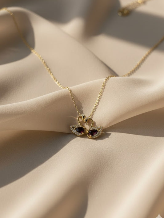 Twin Swan Pendant Necklace in 18K Gold | CZ Love Neckpiece