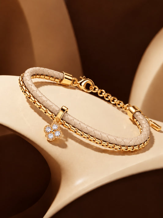 Beige Braided Double line Clover Band Cuff -18KT Gold Plated