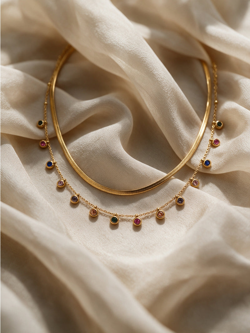 Layered Gold Necklace Combo with Multicolor Stone Drops