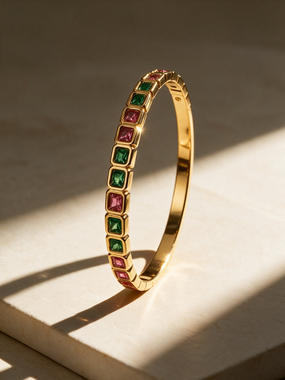 Green & Pink CZ Gold Plated Cuff Bracelet