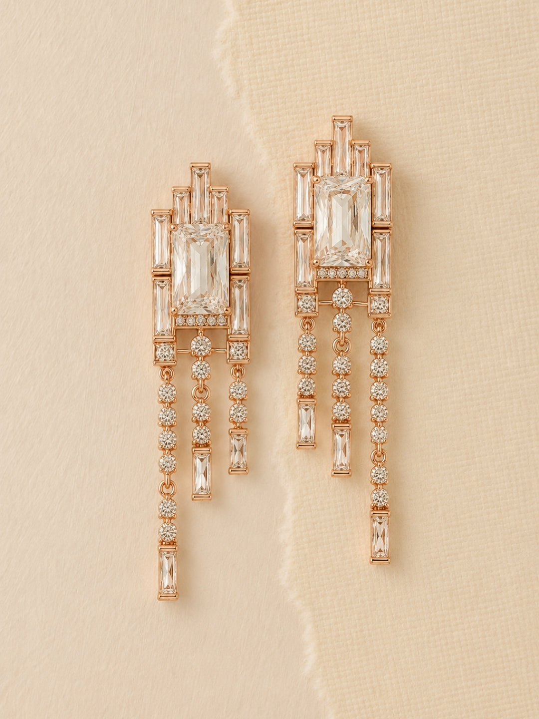 Art Deco Radiant-Cut Fringe Drop Earrings, 18K Rose Gold-Plated