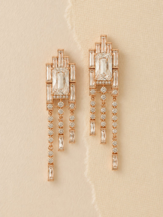 Art Deco Radiant-Cut Fringe Drop Earrings, 18K Rose Gold-Plated