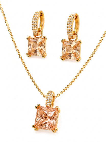Champagne Square-Cut Pendant Necklace & Huggie Earring Set