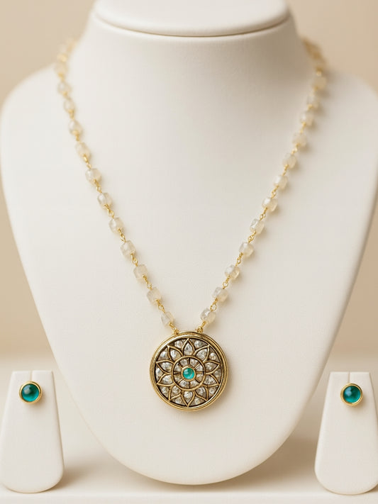 Round Kundan Pearl Necklace Set with Stud Earrings – Gold Plated Jewelry