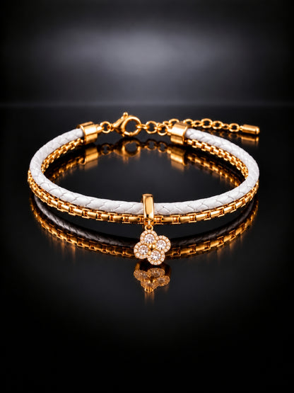 White Braided Double line Clover Band Cuff -18KT Gold Plated