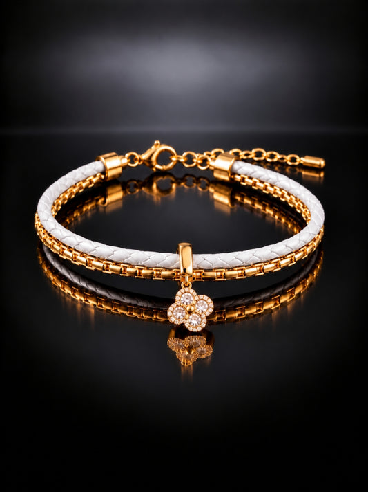 White Braided Double line Clover Band Cuff -18KT Gold Plated