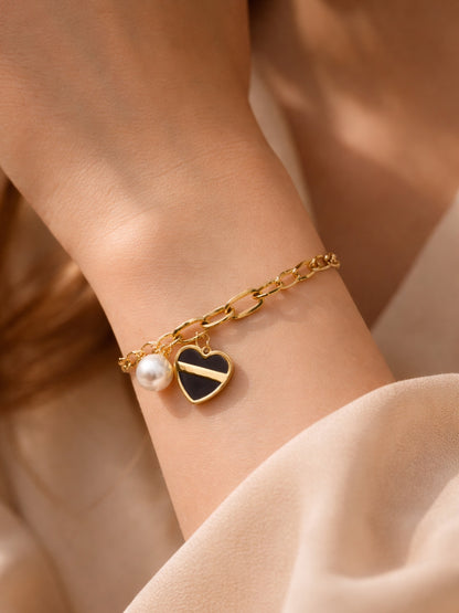 Black Heart Pearl Charm Bracelet – 18K Gold Plated Stainless Steel