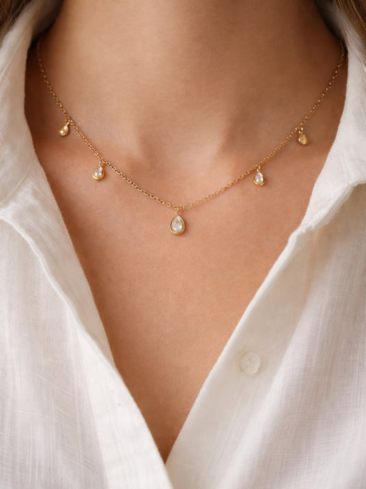 Teardrop CZ Charms Gold Chain Neckpiece – Anti Tarnish