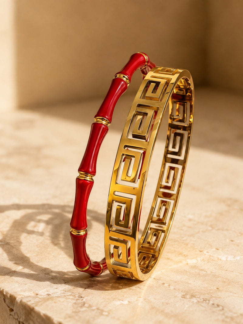 Red Bamboo & Gold Greek Key Bracelet Stack – Set of 2