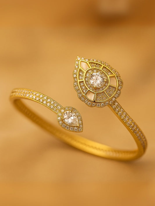 Golden Leaf Cuff Bracelet – 18K Gold Plated, 316L Stainless Steel, AD Stones & MOP Accents