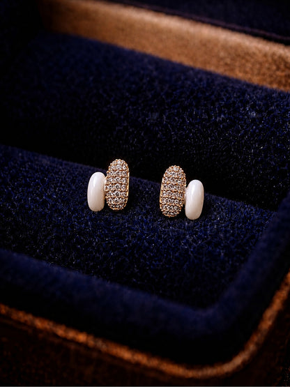 White Enamel CZ Nano Stud Earrings in 18K Gold Plating