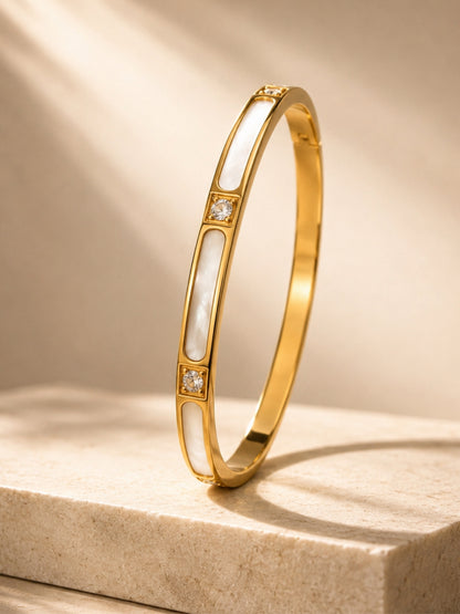 Mother of Pearl Hinged Bangle Bracelet – 18K Gold Plated