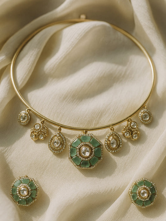 Aqua Moissanite Hansuli Necklace & Earrings Set | Gold Plated Jewelry