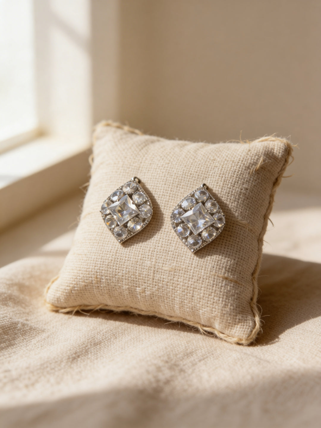 Designer Multi Stone CZ Stud Earrings – Rhodium Plated
