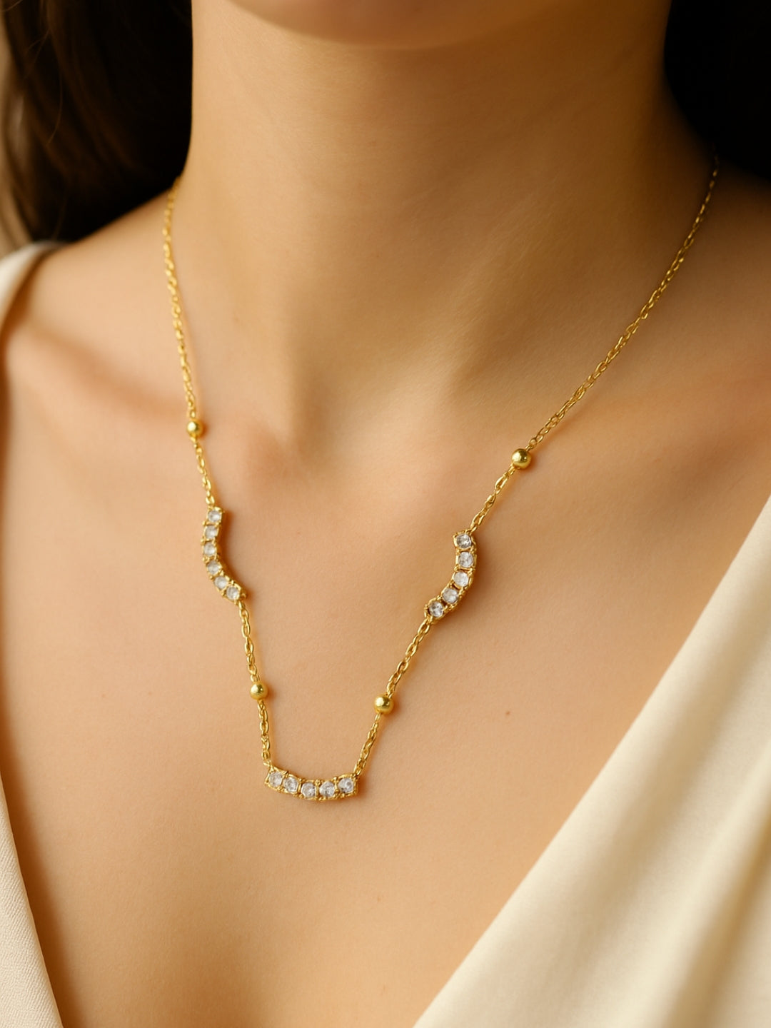 Curve Studded Bead Neckpiece – 18K Gold, CZ, Anti-Tarnish Jewelry