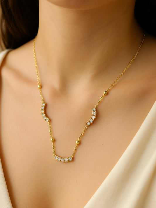 Curve Studded Bead Neckpiece – 18K Gold, CZ, Anti-Tarnish Jewelry