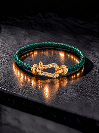 Emerald Studded Braided Leather Gold Magnetic Bracelet -18KT Gold Plated