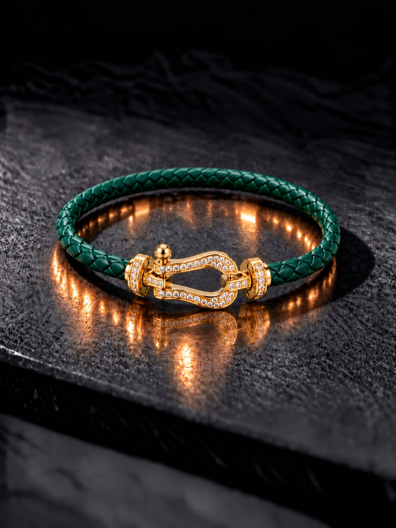 Emerald Studded Braided Leather Gold Magnetic Bracelet -18KT Gold Plated