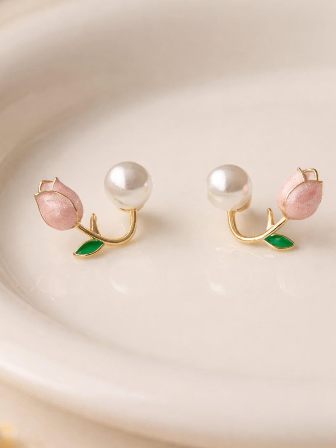 Pink Tulip Pearl Stud Earrings | Gold Plated Floral Pearl Earrings