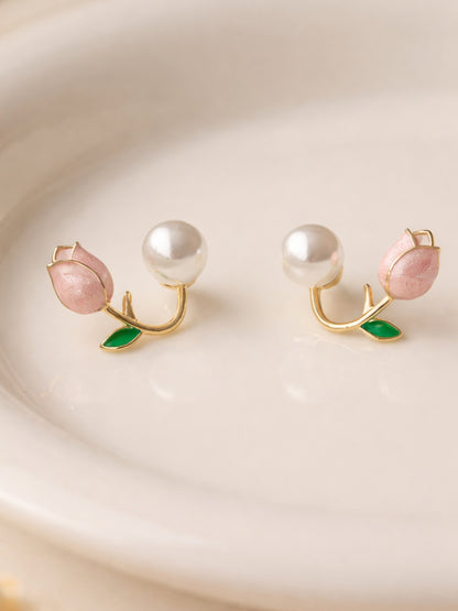 Pink Tulip Pearl Stud Earrings | Gold Plated Floral Pearl Earrings