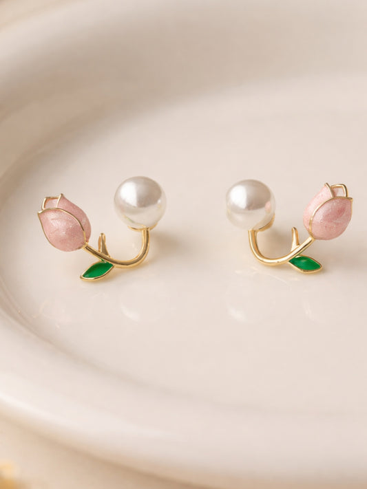 Pink Tulip Pearl Stud Earrings | Gold Plated Floral Pearl Earrings