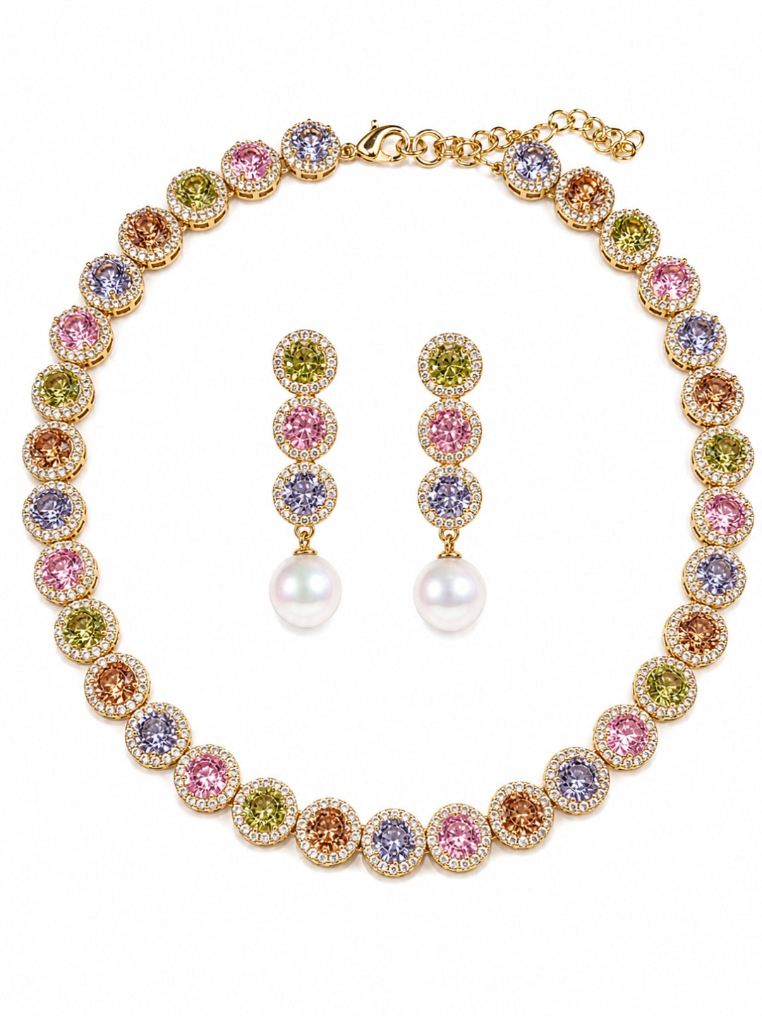 Mosaico Multicolor Halo Choker Necklace & Earring Set, 18K Gold-Plated