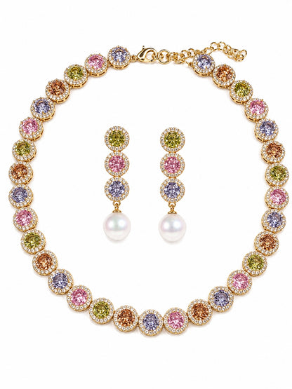 Mosaico Multicolor Halo Choker Necklace & Earring Set, 18K Gold-Plated