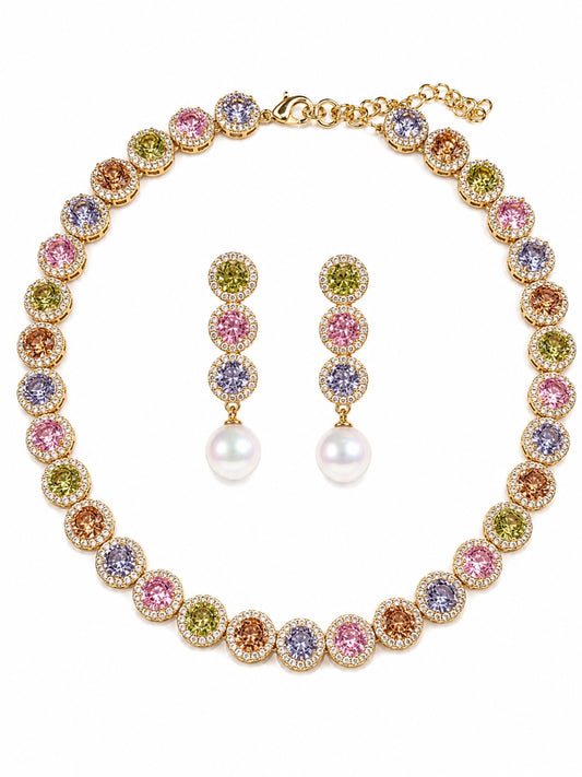 Mosaico Multicolor Halo Choker Necklace & Earring Set, 18K Gold-Plated