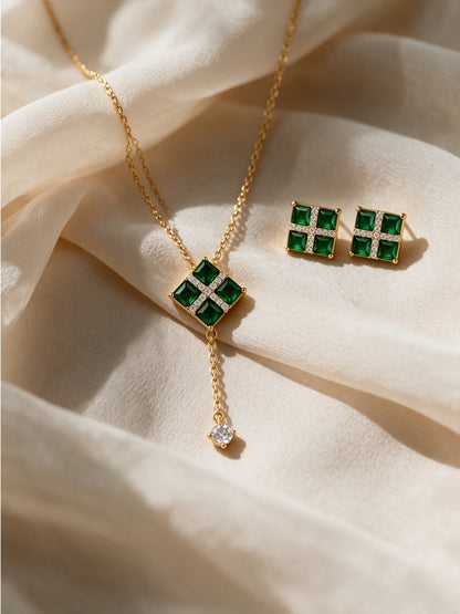 Vetrata Green Windowpane Necklace & Earring Set, 18K Gold-Plated