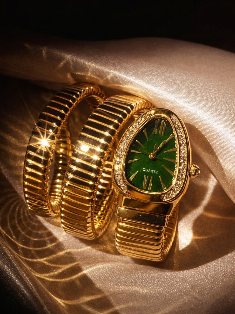 Emerald Dial Spiral Serpenti Gold Watch-Style Bracelet with CZ Stones