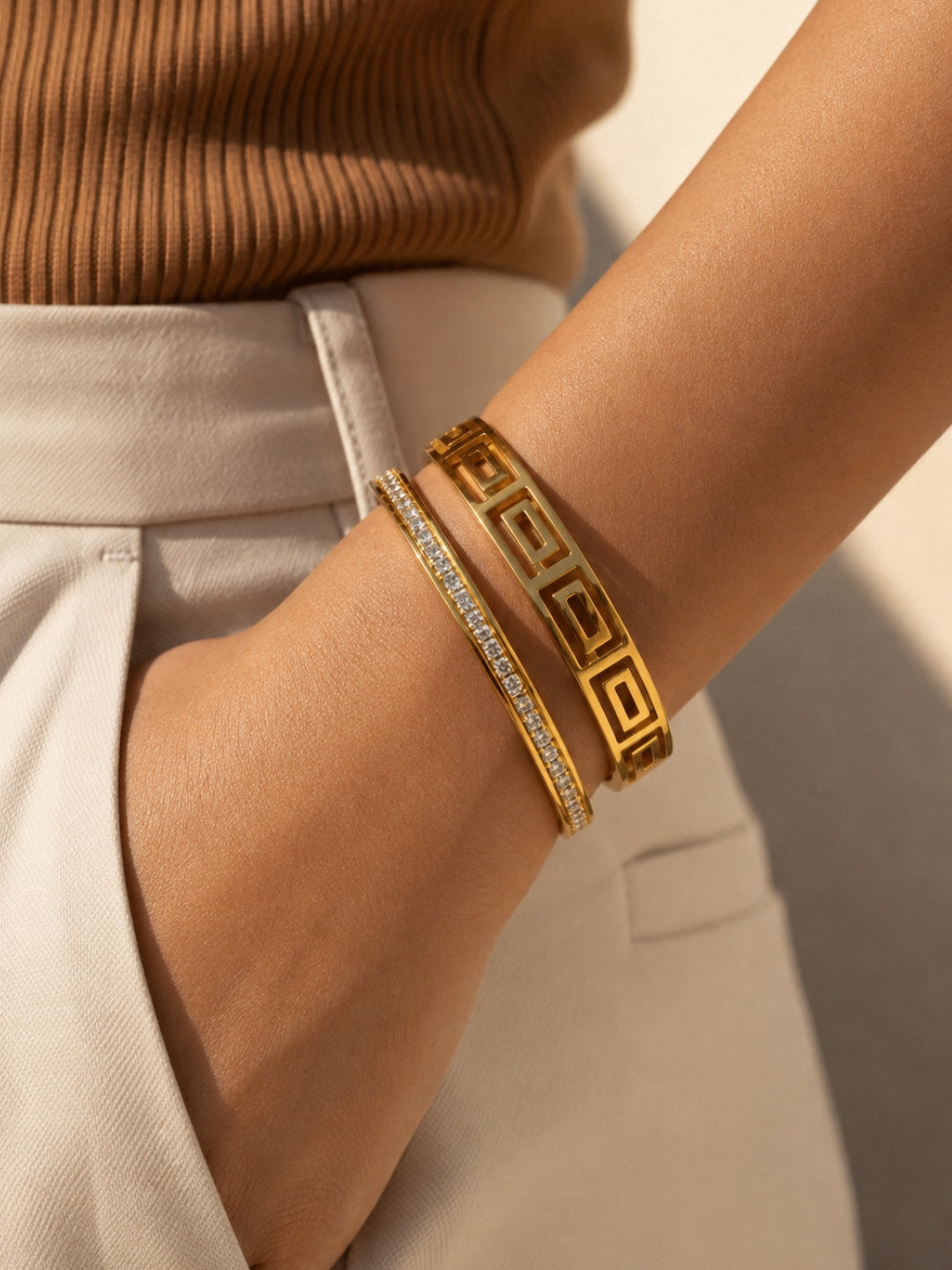 Row-Set Shine & Greek Key Cut-Out Bangle Duo