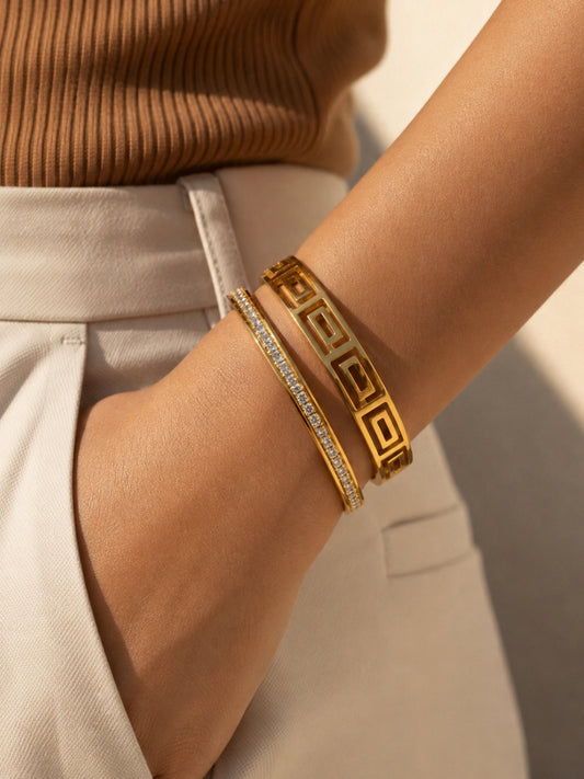 CZ Studded & Geometric Gold Bracelet Stack – Set of 2