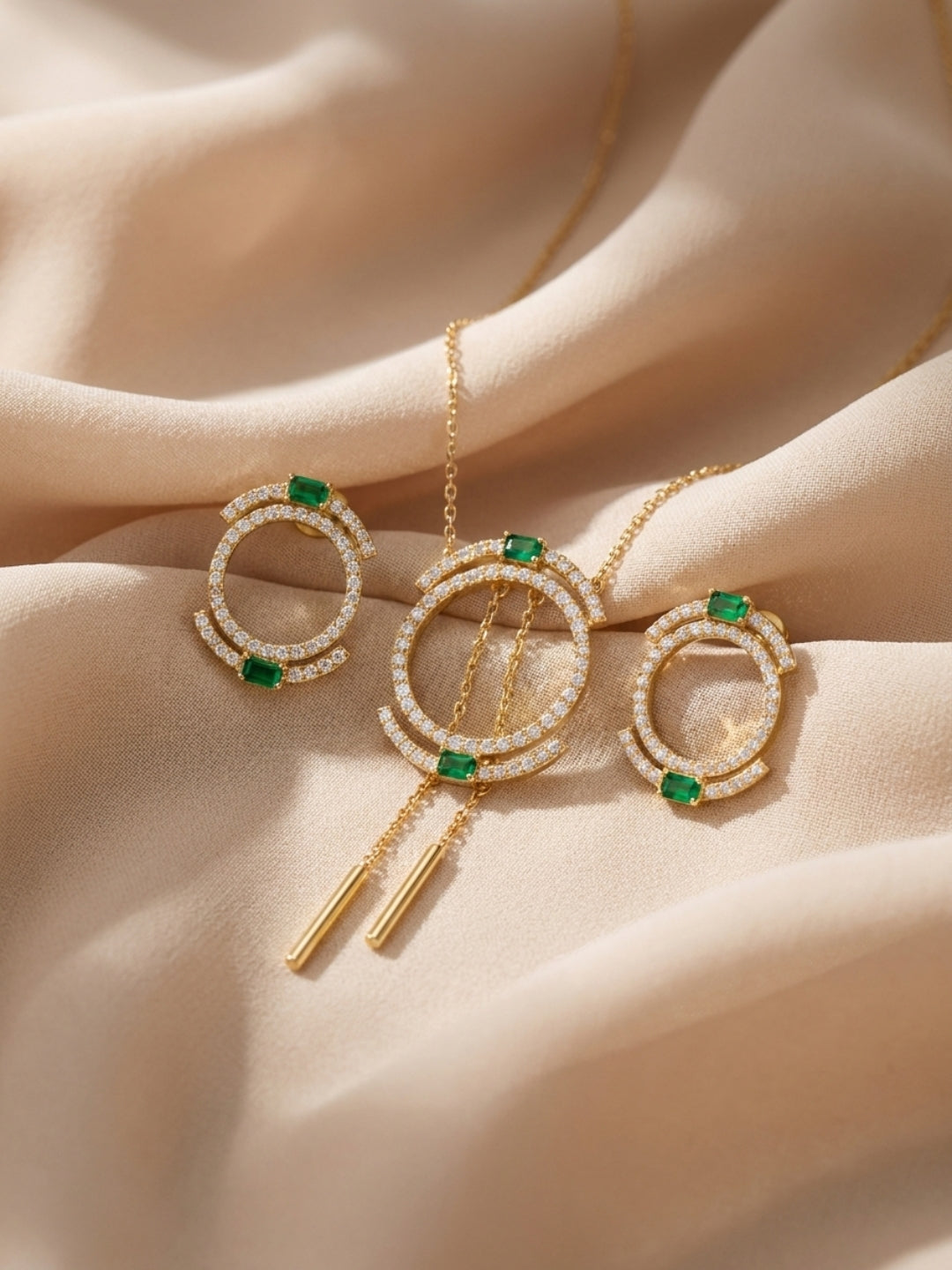 Isabeau" Double Halo Necklace & Earring Set — 18K Gold Plated with Emerald Baguette Accents