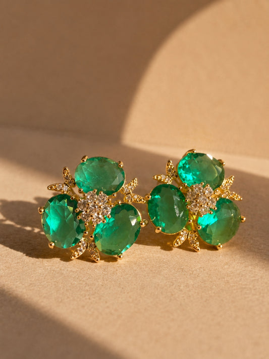 Emerald Trefoil Cluster Stud Earrings, 18K Gold-Plated