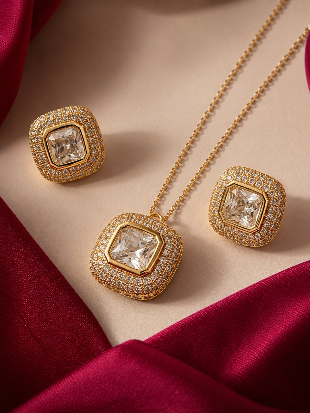 Charlotte Cushion-Cut Crystal Halo Set — 18K Gold Plated with Austrian Crystal