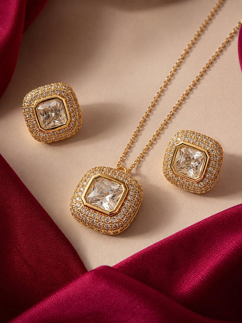 Charlotte Cushion-Cut Crystal Halo Set, 18K Gold Plated with Austrian Crystal by RaasRani