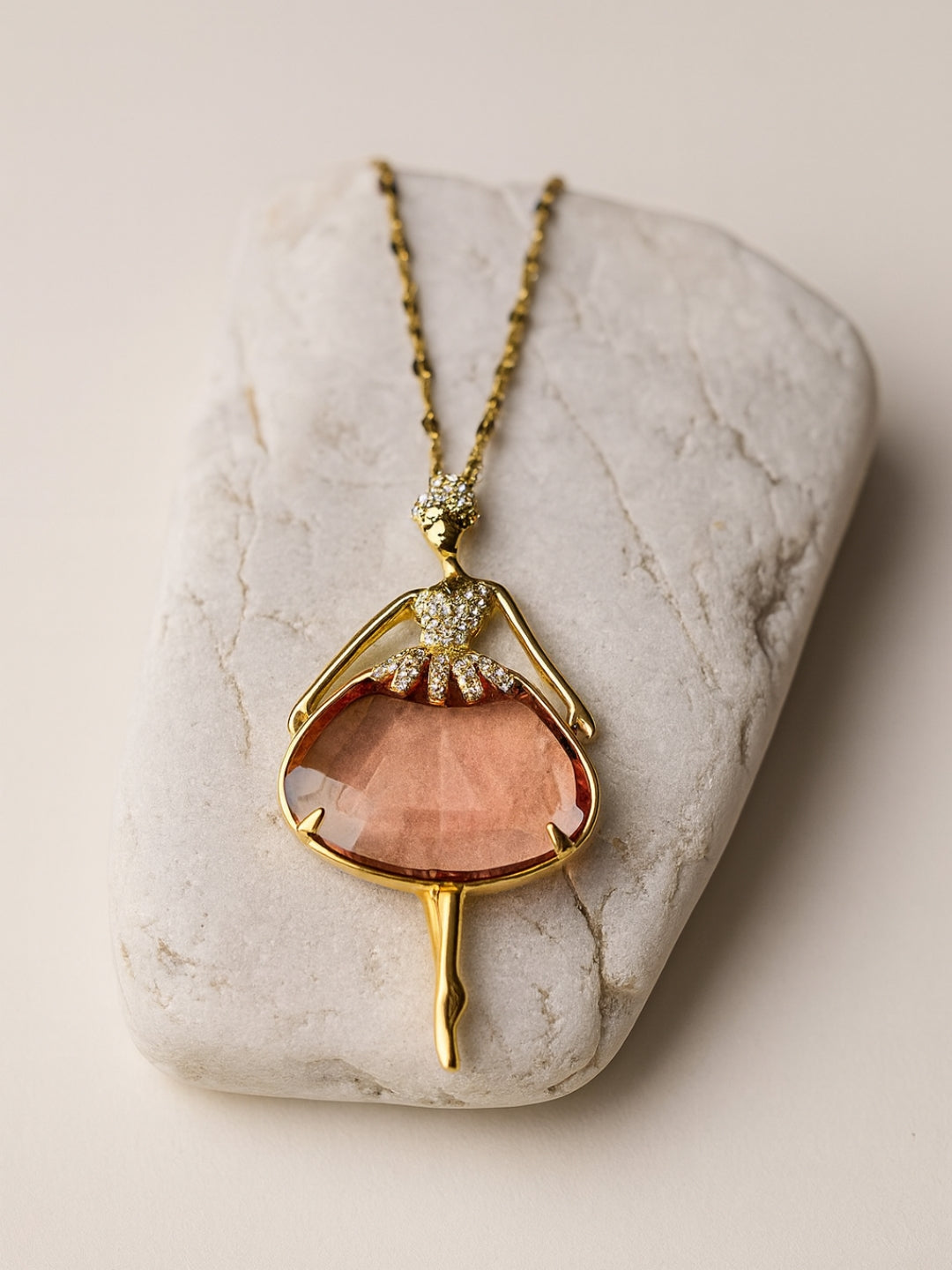 Anti-Tarnish Angel Pendant Necklace with peach Stone | 18K Gold Chain