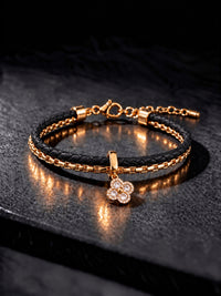Black Braided Double line Clover Band Cuff -18KT Gold Plated