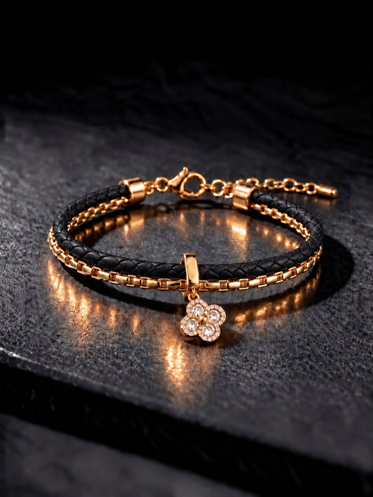 Black Braided Double line Clover Band Cuff -18KT Gold Plated