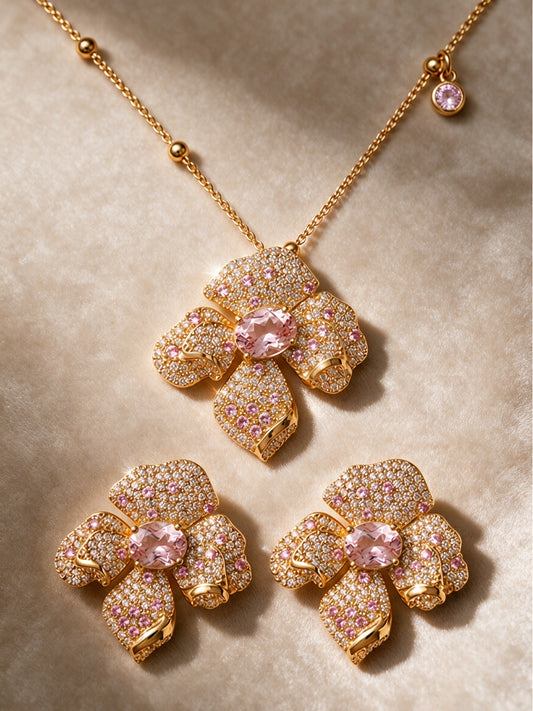 Boccio Pink Pavé Flower Necklace & Earring Set, 18K Gold-Plated