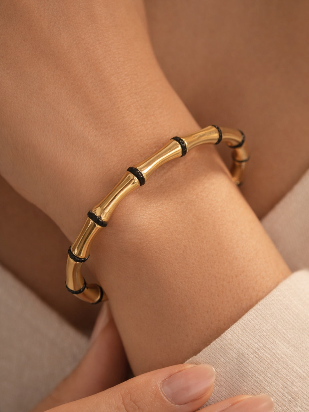 Gold Bamboo Striped Cuff Bracelet | Anti-Tarnish Stainless Steel