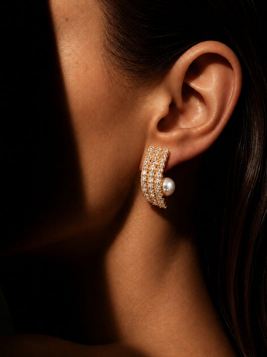 Sculpted Pavé Curve Pearl Stud Earrings, 18K Gold-Plated