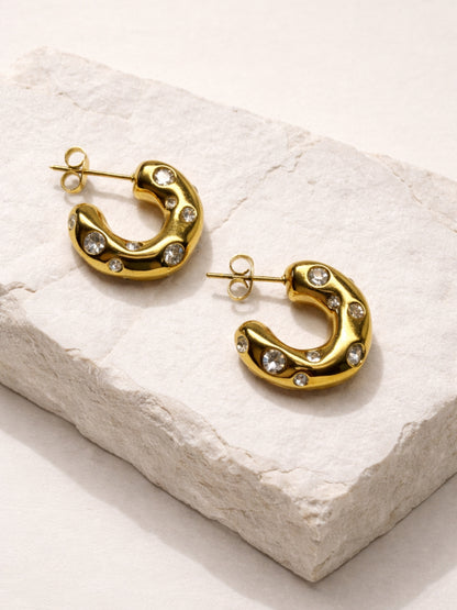 Sculptural CZ Studded Gold Hoop Earrings | Anti Tarnish Everyday Hoops