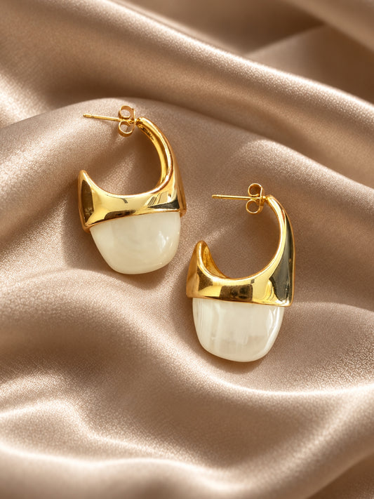 Beige Drop Hoop Earrings | 18K Gold Plated Anti-Tarnish