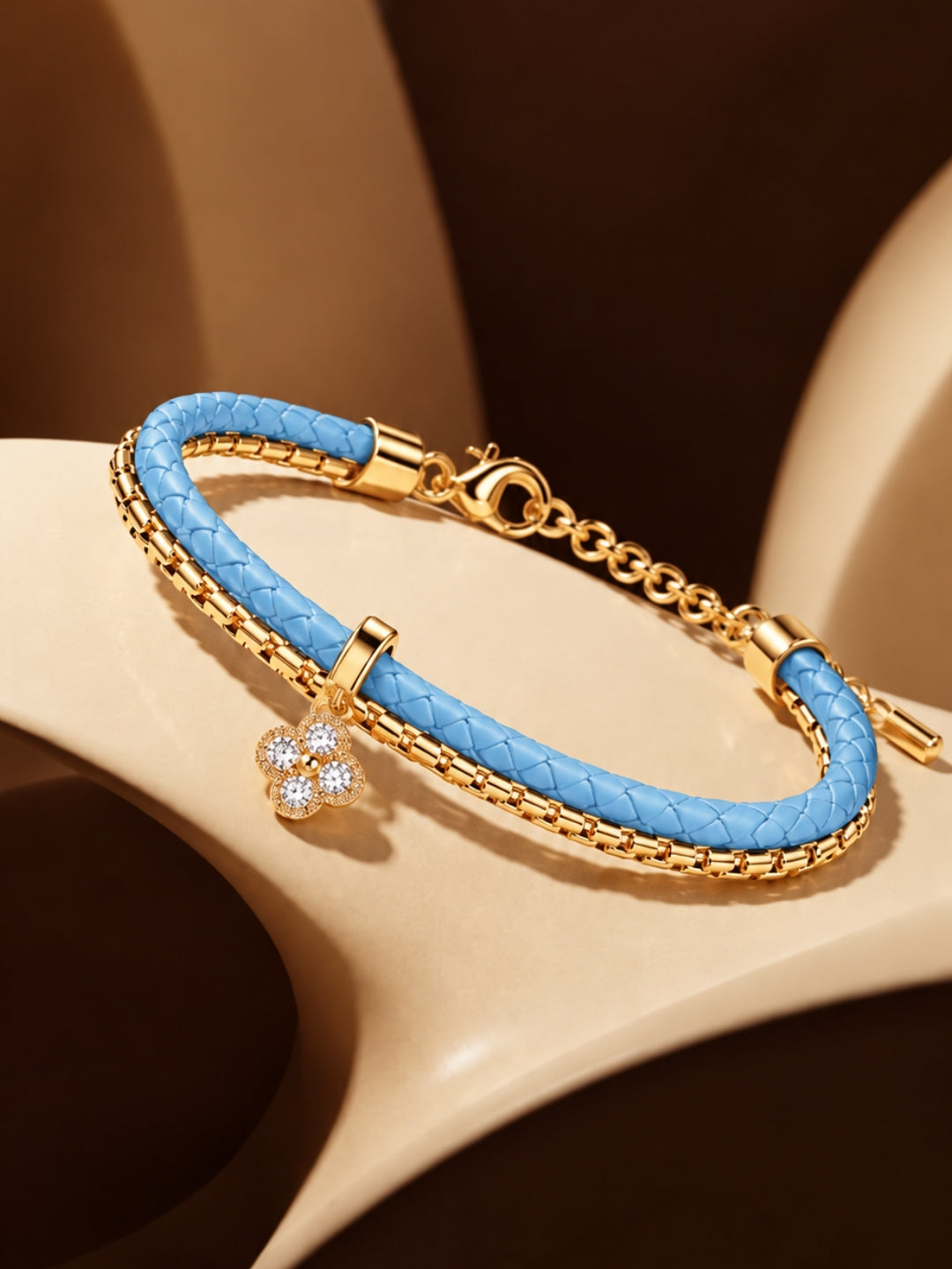 Sky Blue Braided Double line Clover Band Cuff -18KT Gold Plated