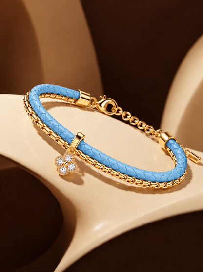 Sky Blue Braided Double line Clover Band Cuff -18KT Gold Plated